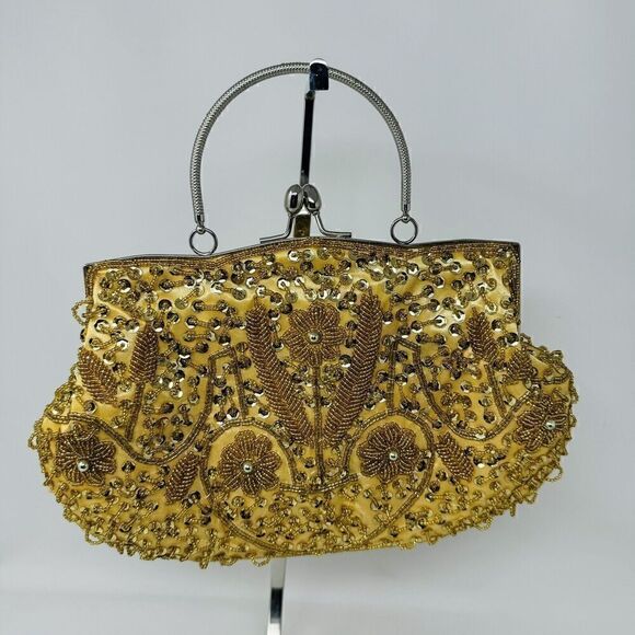 Beaded Sequin Gold Kiss Lock Satin‎ Interior, Chain Strap Evening Bag Handbag - Picture 8 of 8